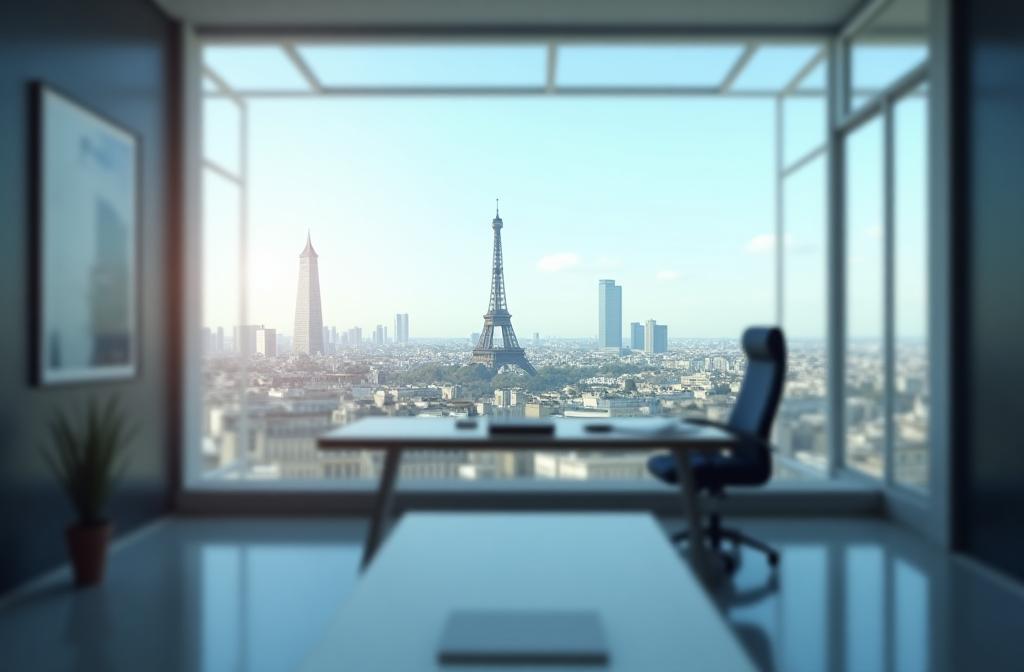 Modern law office interior with a view of Paris